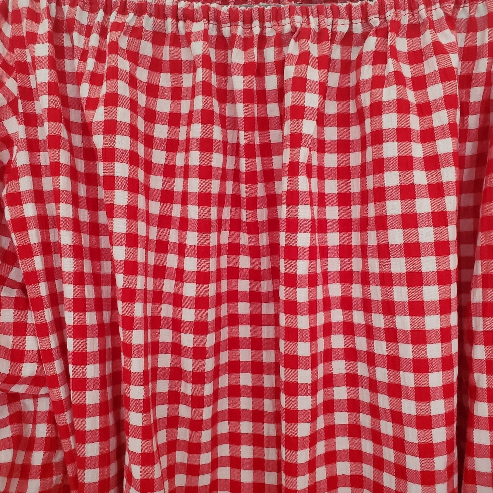 Red Gingham Dramatic Puff Pick Up Sleeves Ruffle Bottom Off Shoulder Dress S - Picture 3 of 15